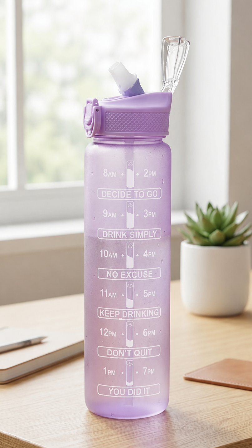 Motivational Time Marker Water Bottle with Straw – Leakproof (Purple Edition)