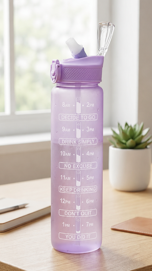 Motivational Time Marker Water Bottle with Straw – Leakproof (Purple Edition)