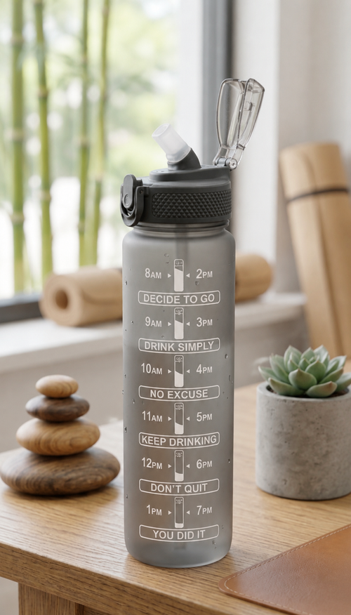 Motivational Time Marker Water Bottle with Straw – Leakproof Daily Hydration Bottle
