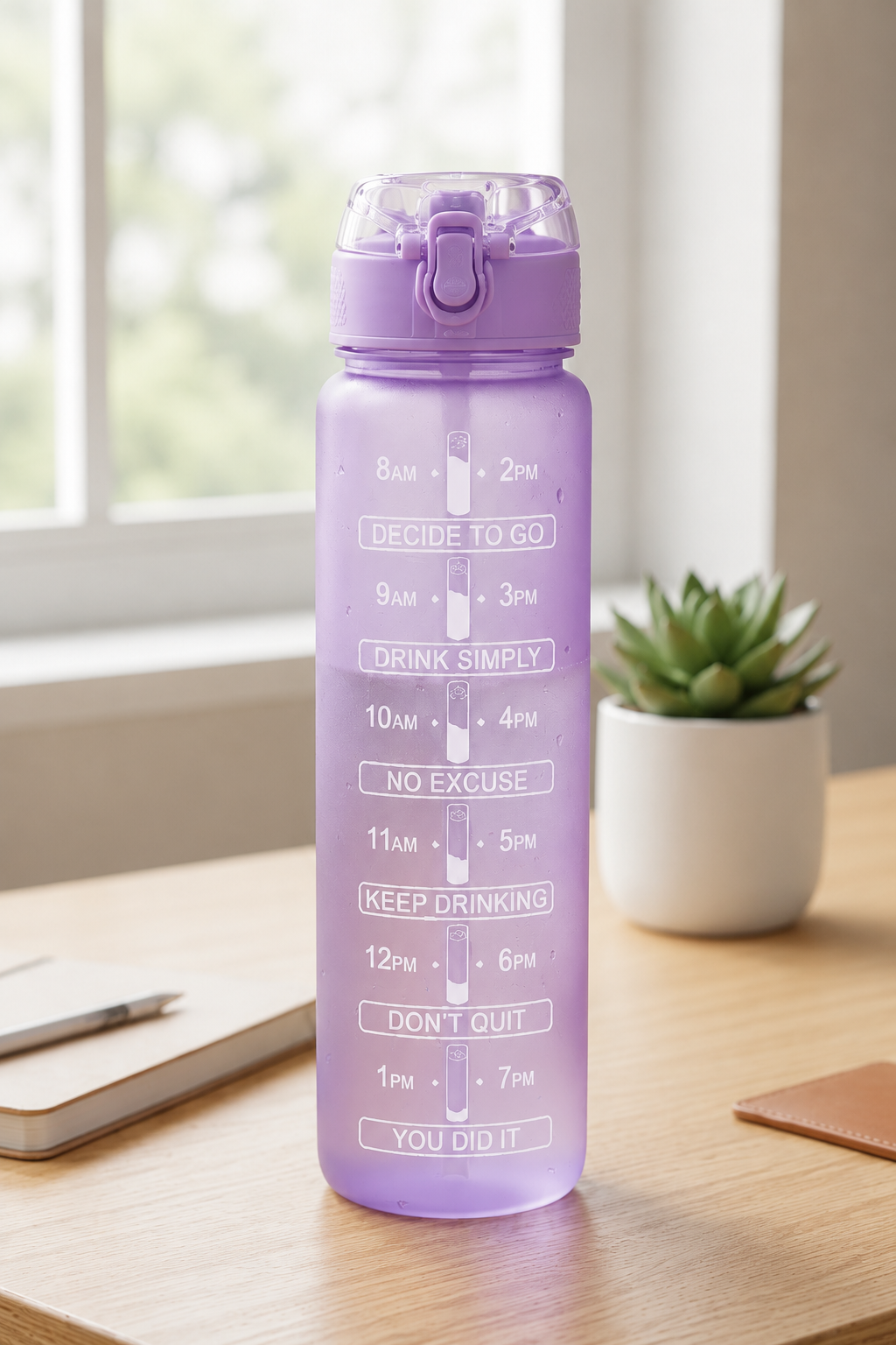Motivational Time Marker Water Bottle with Straw – Leakproof (Purple Edition)